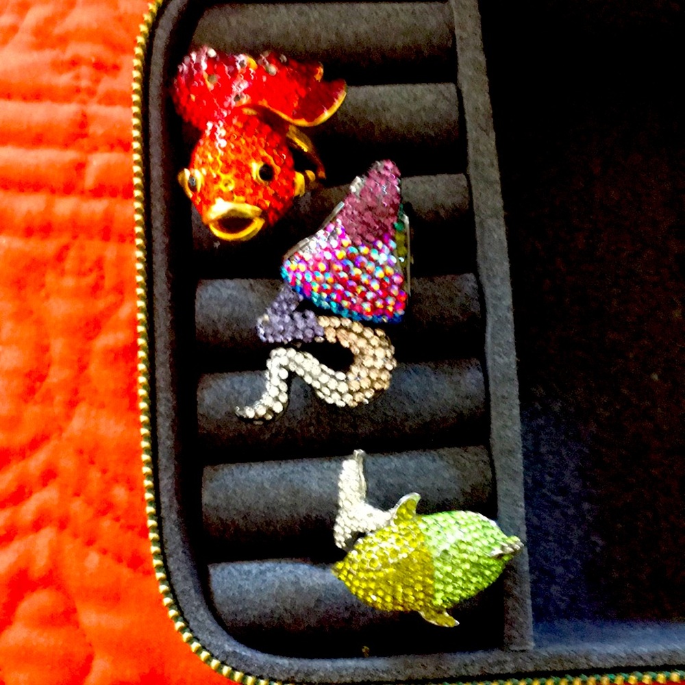 Three very special cocktail RINGS.  DOLPHIN-FISH-SNAKE.  gorgeous - size 8.